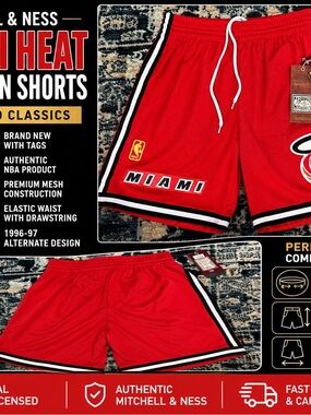 Mitchell & Ness Red Miami Heat Mesh Basketball Shorts